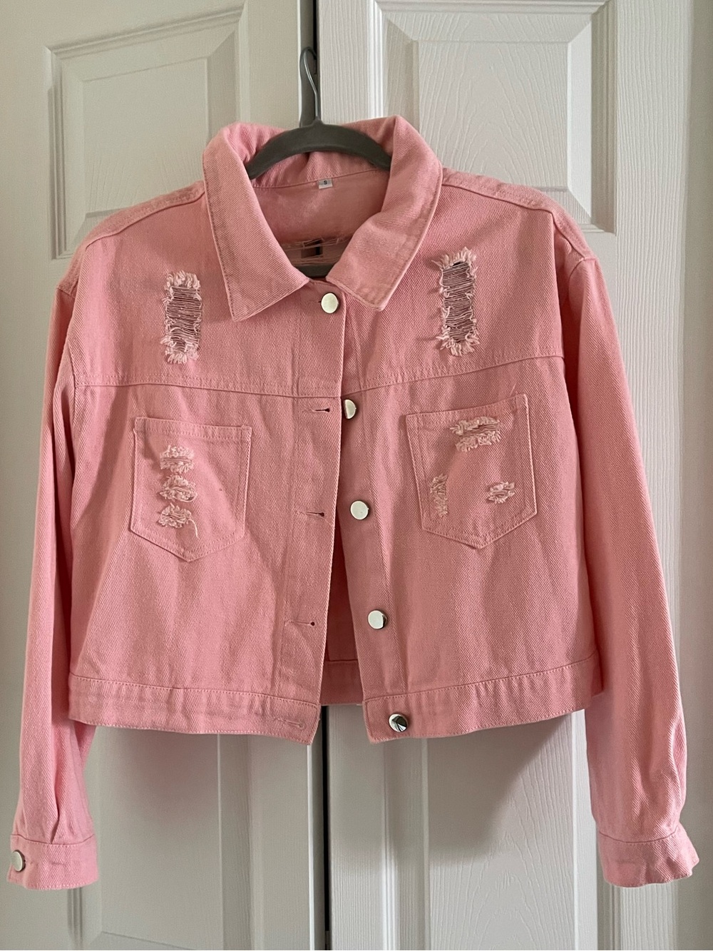 Pink Rhinestone Fringe Distressed Denim Jacket